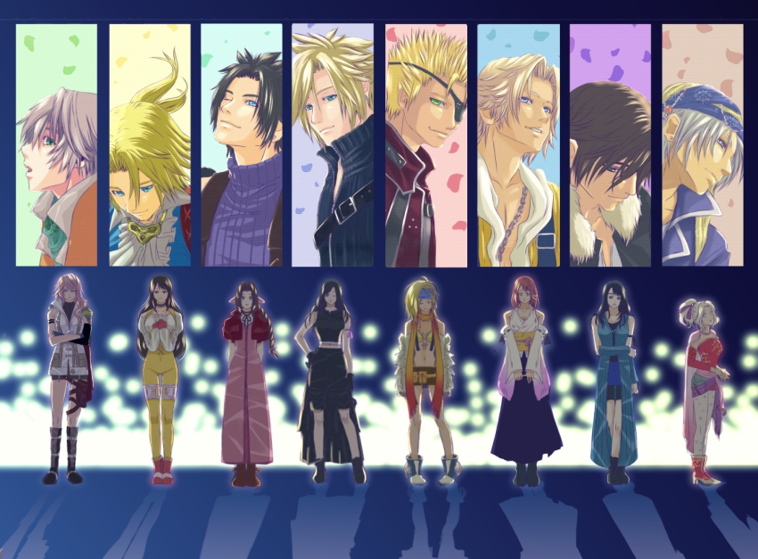 00s, 10s, 1990s_(style), 6+boys, 6+girls, aerith_gainsborough, arm_warmers, bikini, black_hair, blonde_hair, blue_arm_warmers, blue_eyes, bow, braid, breasts, brown_hair, cape, cloud_strife, couple, crossover, detached_sleeves, dress, earrings, elbow_gloves, final_fantasy, final_fantasy_ix, final_fantasy_vi, final_fantasy_vii, final_fantasy_vii:_advent_children, final_fantasy_viii, final_fantasy_x, final_fantasy_x-2, final_fantasy_xiii, garnet_til_alexandros_xvii, gippal, gloves, green_eyes, green_hair, hair_ornament, hair_ribbon, headband, holixholi, hope_estheim, in-franchise_crossover, jewelry, lightning_farron, locke_cole, long_hair, medium_breasts, multiple_boys, multiple_girls, pantyhose, pink_dress, ponytail, retro_artstyle, ribbon, rikku_(ff10), rinoa_heartilly, scarf, short_hair, squall_leonhart, strapless, strapless_dress, swimsuit, tidus, tifa_lockhart, tina_branford, yuna, yuna_(ff10), zack_fair, zidane_tribal