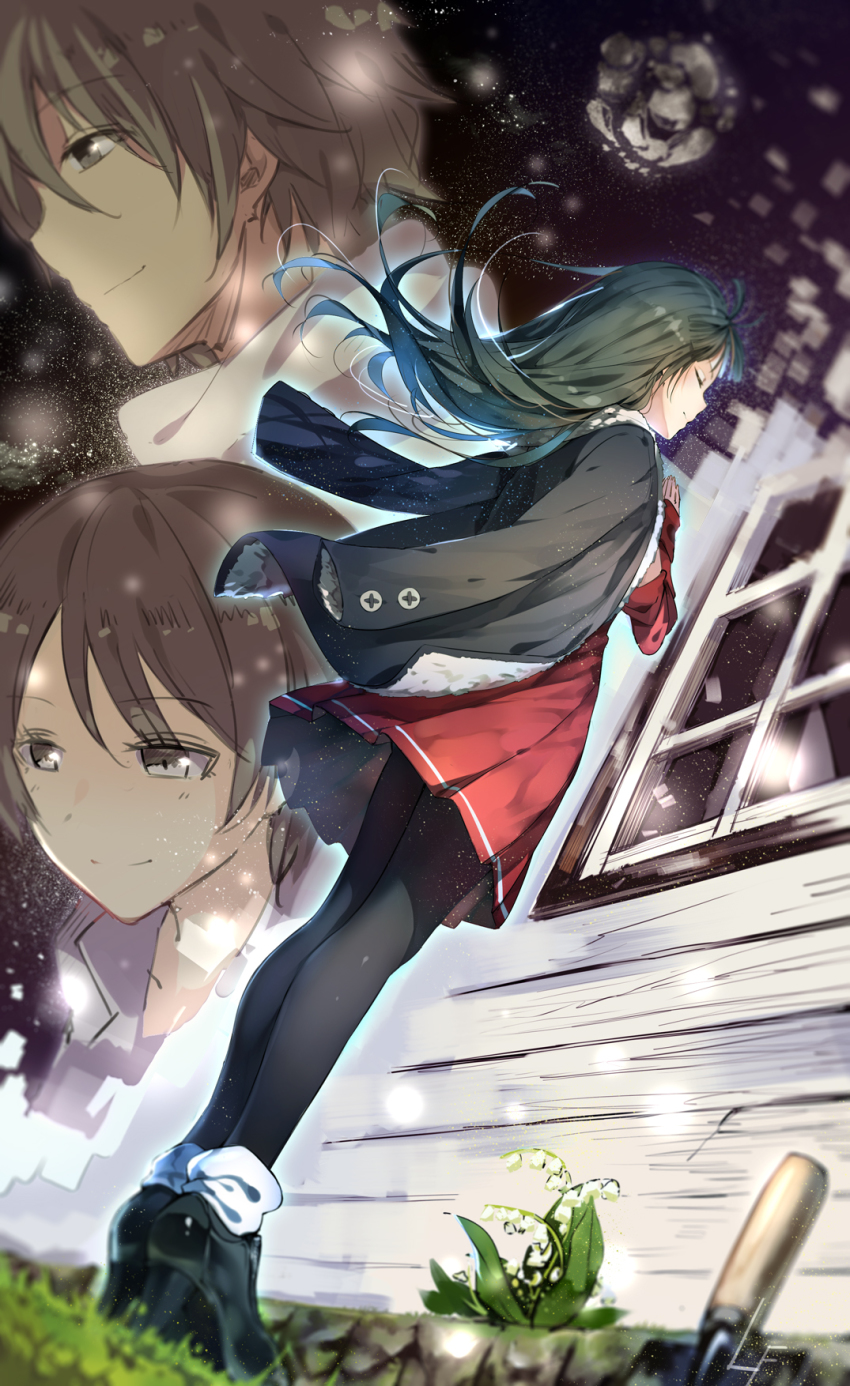 10s, 1boy, 2girls, ansatsu_kyoushitsu, black_footwear, black_hair, black_legwear, blurry