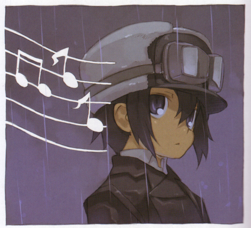 00s, 1girl, androgynous, black_eyes, black_hair, brimmed_hat, female_focus, fur, goggles, hat, kino_(kino_no_tabi), kino_no_tabi, kuroboshi_kouhaku, musical_note, official_art, rain, scan, short_hair, solo, tagme