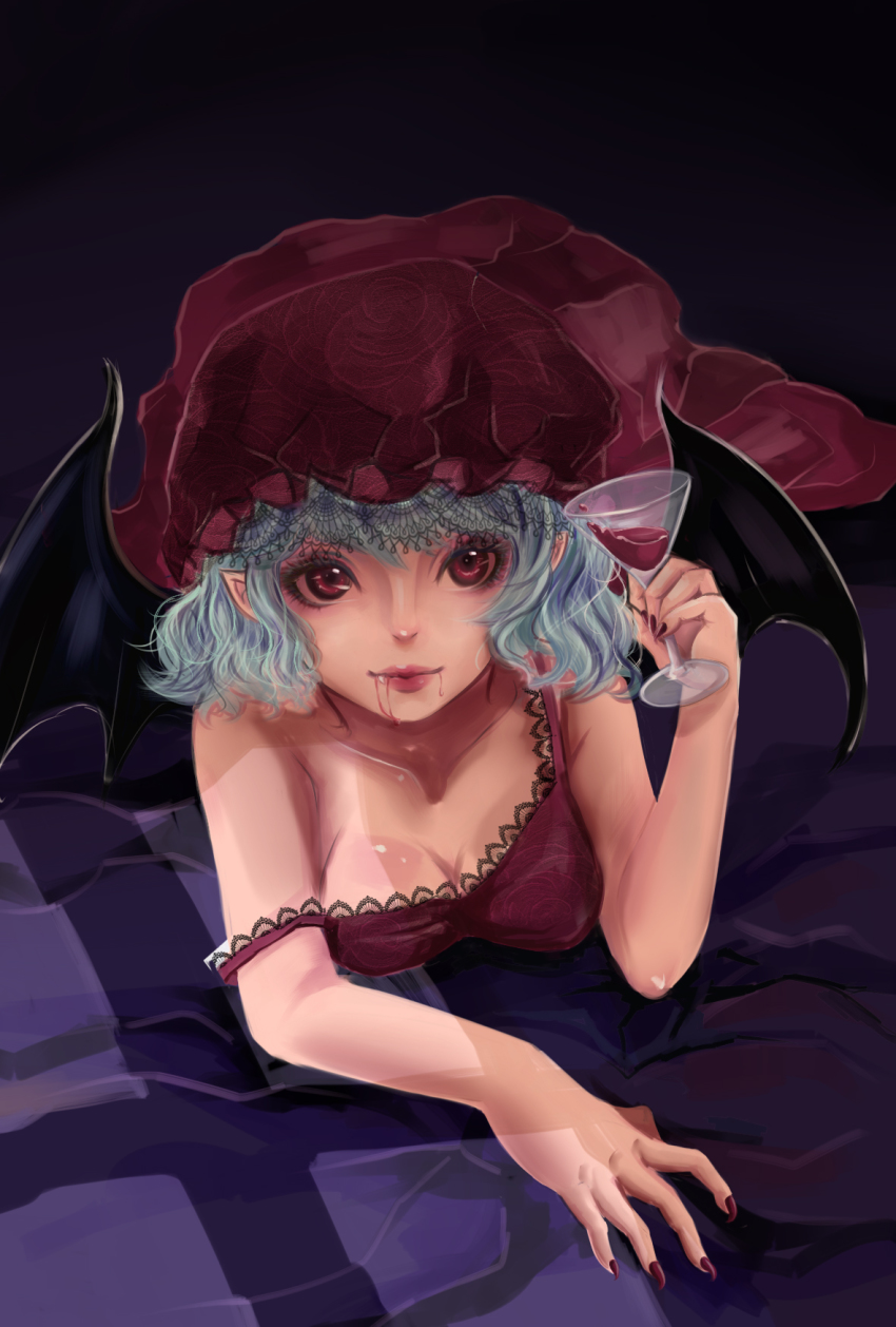 1girl, ambiguous_red_liquid, bare_shoulders, bat_wings, black_background, black_wings, blue_hair, breasts, cleavage, closed_mouth, collarbone, cup, drink, drinking_glass, eyelashes, fang, female_focus, gradient_background, hat, highres, lace-trimmed_hat, lace_trim, looking_at_viewer, mob_cap, nail_polish, nomi_mochigome, plaid, pointy_ears, red_eyes, red_hat, red_lips, red_nails, remilia_scarlet, short_hair, solo, strap_slip, touhou, upper_body, wine_glass, wings