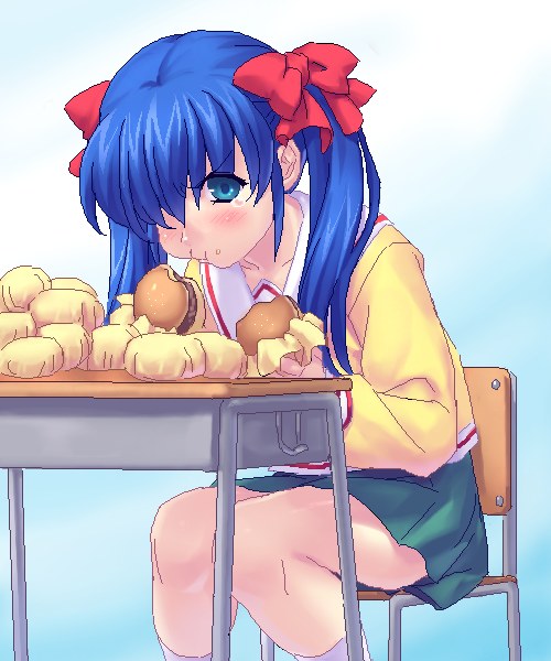 00s, blue_eyes, bow, burger, eating, food, food_on_face, hair_bow