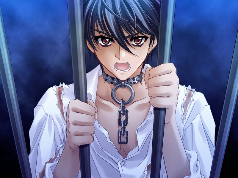 1boy, angry, black_hair, blouse, blue_background, brown_eyes, carnelian, chain, collar, dress_shirt, game_cg, hair_between_eyes, male_focus, messiah_(game), prison, sasamori_ryouta, shirt, shouting, solo, torn_clothes, torn_shirt, white_shirt