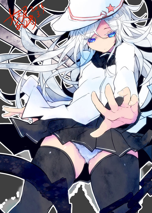 10s, 1girl, black_skirt, black_thighhighs, blue_eyes, dated, female_focus, flat_cap