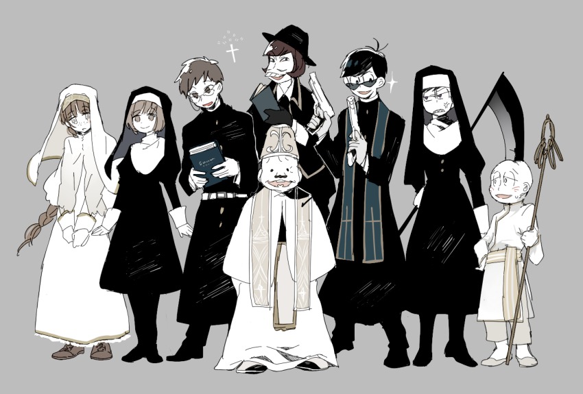 10s, 2girls, 6+boys, :d, alternate_costume, arms_at_sides, bald, belt