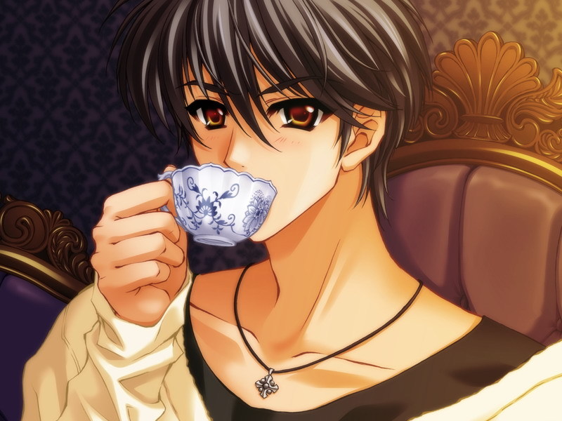 1boy, black_hair, black_shirt, blouse, brown_eyes, carnelian, cup, drinking