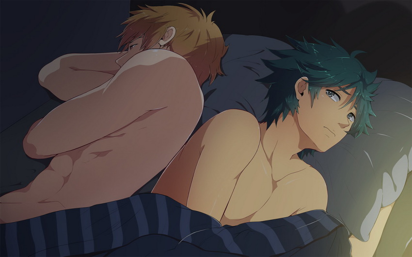 2boys, abs, bed, blush, game_cg, kano_haruyuki, male_focus, mazjojo, multiple_boys, muscular, piercing, pillow, sato_hideaki, topless_male, sleep_over, yaoi