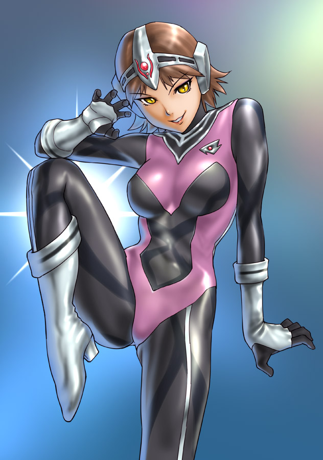 1girl, animification, black_bodysuit, bodysuit, breasts, brown_hair, choudenshi_bioman, choudensi_bioman, farrah_cat, female_focus, purple_bodysuit, short_hair, solo, super_sentai, tokusatsu, ueyama_michirou, yellow_eyes