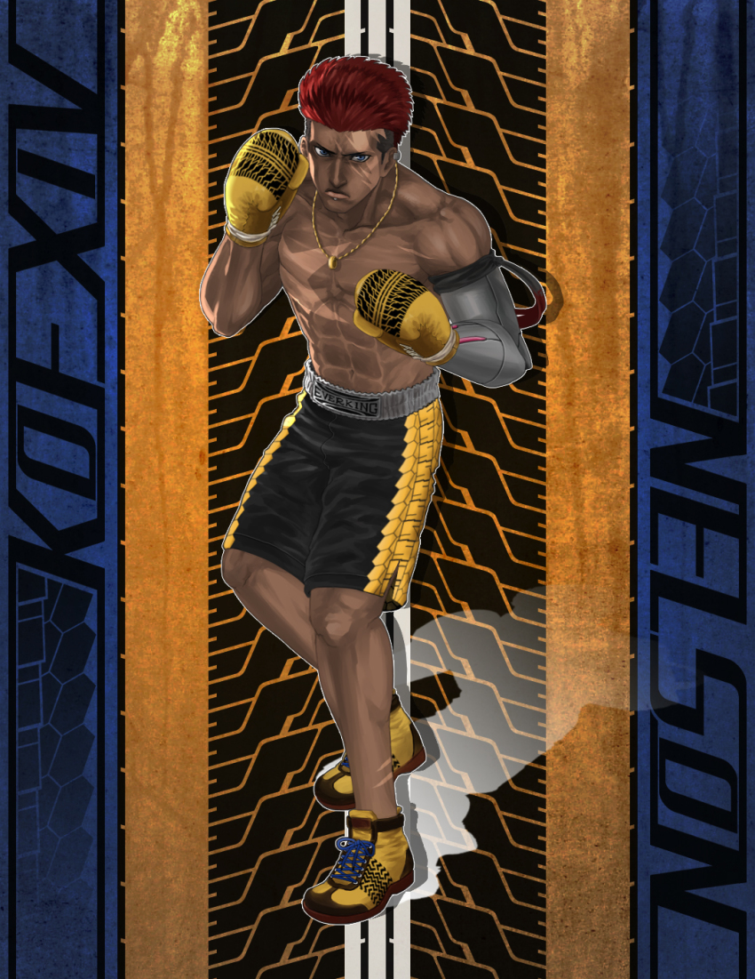 1boy, cheetahq, dark-skinned_male, dark_skin, highres, male_focus, mechanical_arms, nelson_(kof), shoes, single_mechanical_arm, snk, solo, the_king_of_fighters, the_king_of_fighters_xiv, topless_male, yellow_shoes