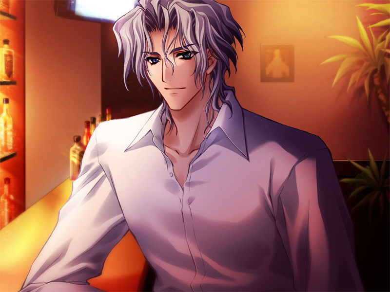 1boy, bar_(place), blouse, blue_eyes, carnelian, dress_shirt, game_cg, grey_hair