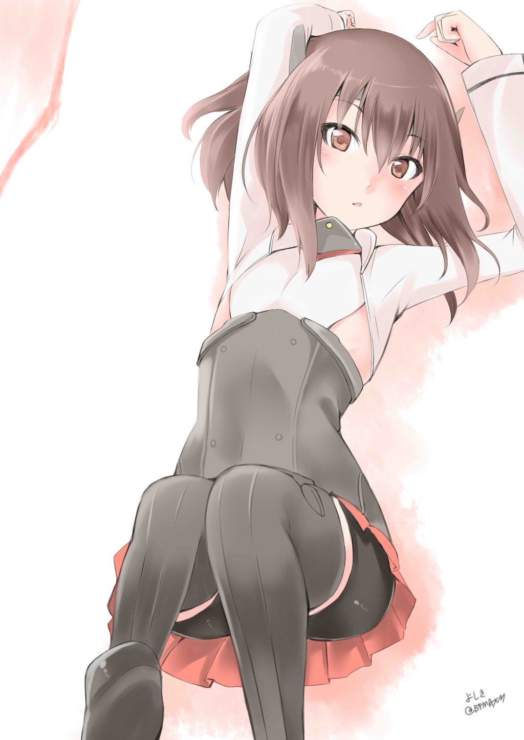 10s, 1girl, arms_up, bike_shorts, black_thighhighs, brown_eyes, brown_hair, female_focus