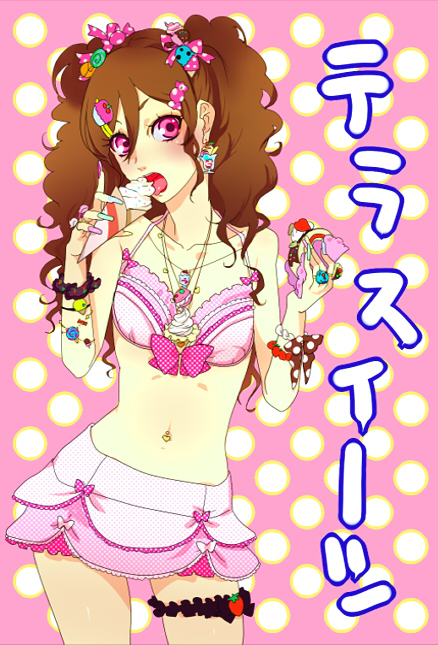 1girl, bad_id, bad_pixiv_id, brown_hair, female_focus, food, food-themed_clothes, hair_ornament