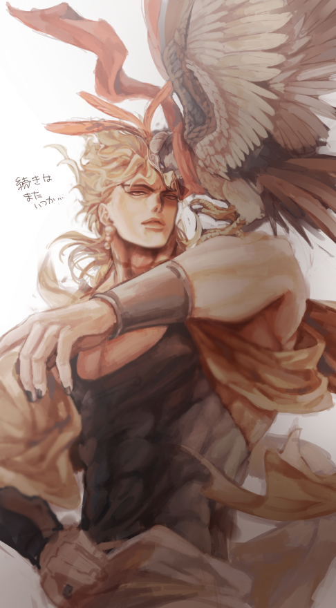 1boy, animal_on_arm, bird, bird_on_arm, black_nails, blonde_hair, dio_brando, earrings