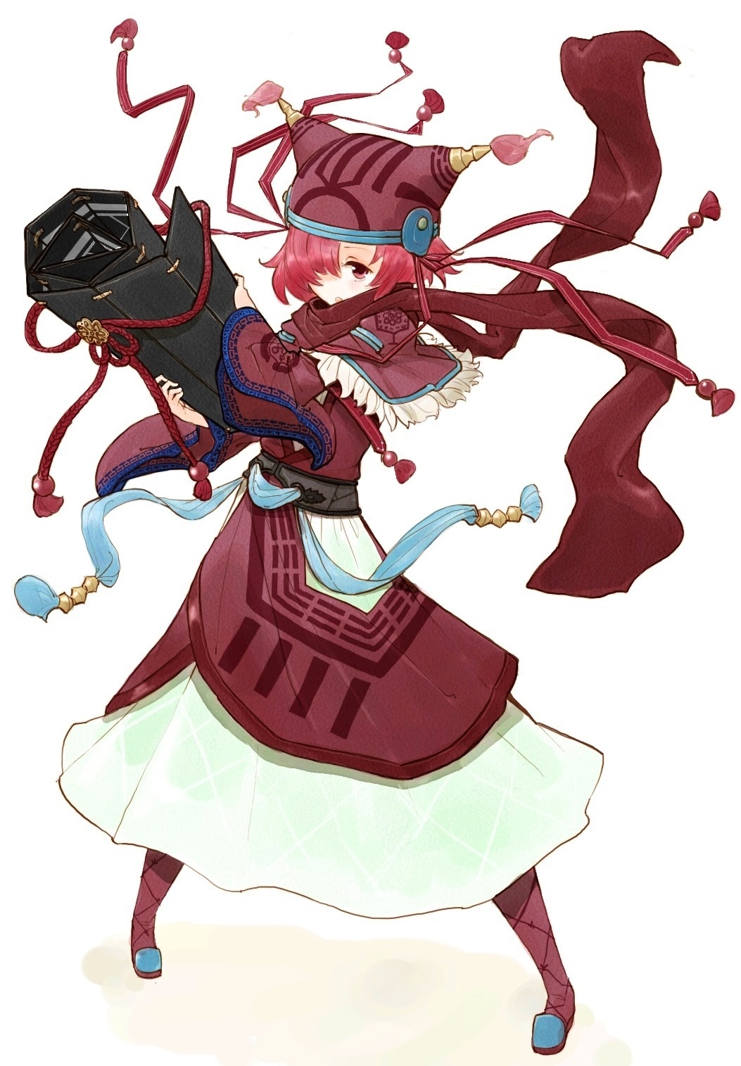 1girl, boots, dress, female_focus, flower_knight_girl, full_body, hair_over_one_eye, halsort, hat, highres, looking_at_viewer, red_boots, red_eyes, red_hair, red_scarf, scarf, scroll, shawl, short_hair, solo, standing, waremokou_(flower_knight_girl), white_background, white_dress