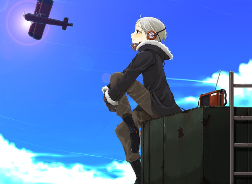 1girl, aircraft, airplane, ayakura_juu, cloud, day, female_focus, headphones