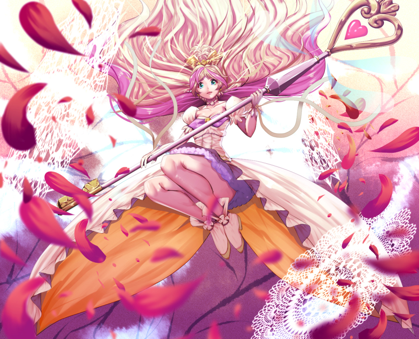 1girl, blonde_hair, blue_eyes, cure_flora, cure_flora_(grand_princess), female_focus, go!_princess_precure, grand_princess_(go!_princess_precure), harihisa, haruno_haruka, long_hair, magical_girl, multicolored_hair, pantyhose, precure, solo, staff, two-tone_hair