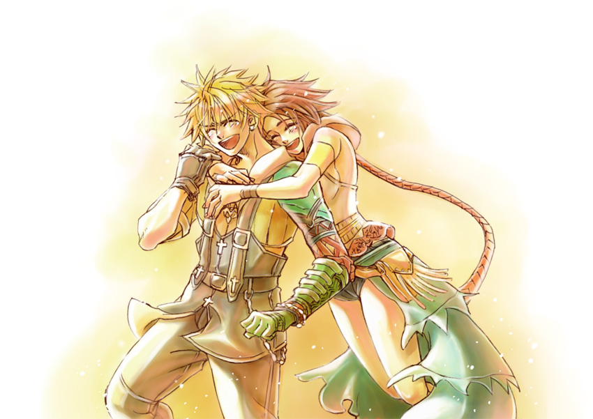 00s, 1boy, 1girl, blonde_hair, breasts, brown_hair, couple, detached_sleeves