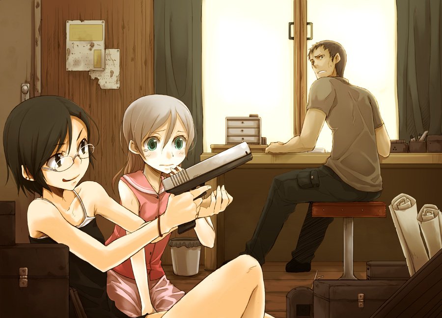 1boy, 2girls, ayakura_juu, black_eyes, black_hair, brown_hair, camisole, glasses