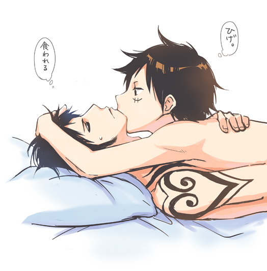 2boys, age_difference, bed, black_hair, heart, kiss, male_focus, monkey_d._luffy