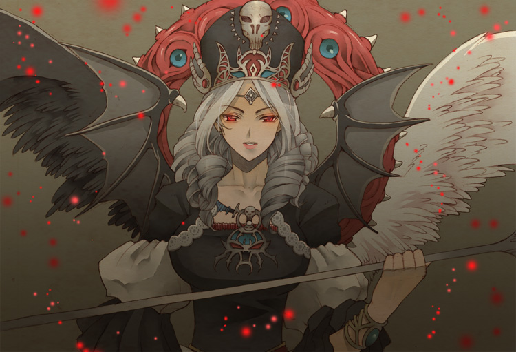 1girl, aikosu_(icos), bat_wings, bracer, chaos_goddess, crown, drill_hair, duel_monster