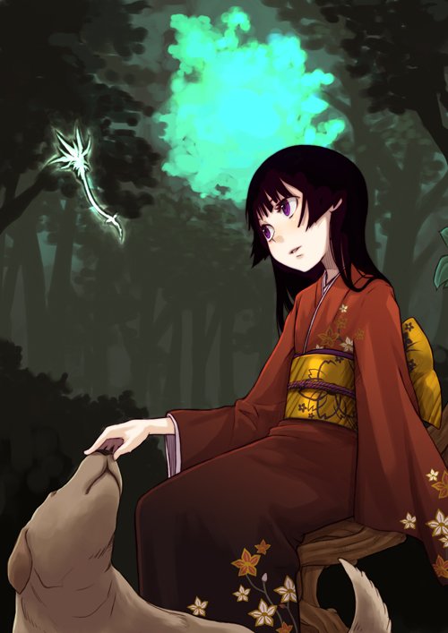 ayakura_juu, black_hair, dog, forest, japanese_clothes, juu, kimono, long_hair