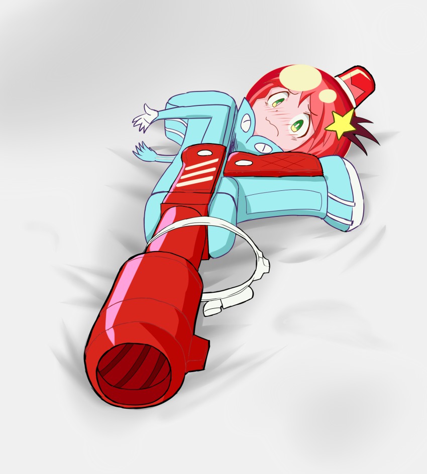 10s, 1girl, belt, blush, bodysuit, brown_hair, commentary_request, embarrassed, female_focus, green_eyes, hair_ornament, helmet, highres, judgement_gun_morphing, luluco, on_bed, sketch, solo, star_(symbol), star_hair_ornament, uchuu_patrol_luluco