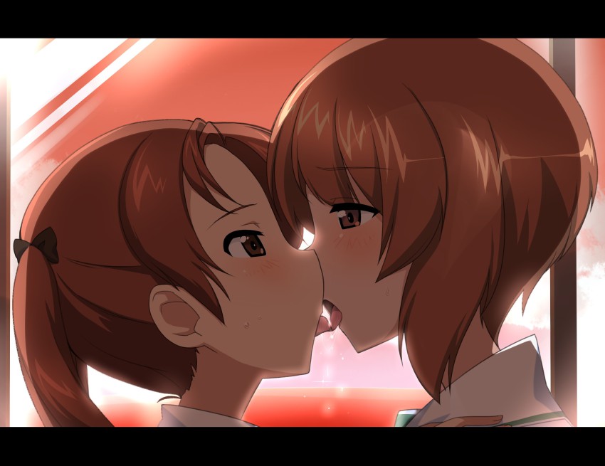 10s, 2girls, artist_request, blush, brown_eyes, brown_hair, french_kiss, girls_und_panzer