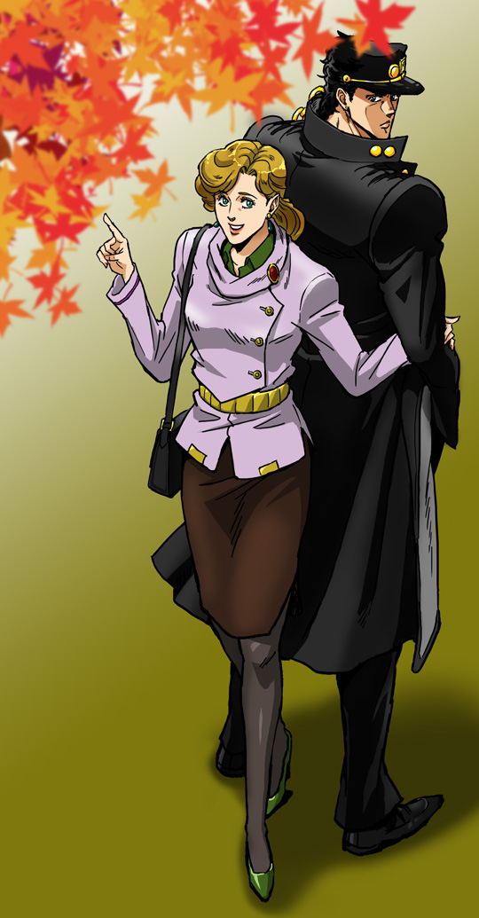 1boy, 1girl, autumn_leaves, back-to-back, bag, black_hair, blonde_hair, blue_eyes