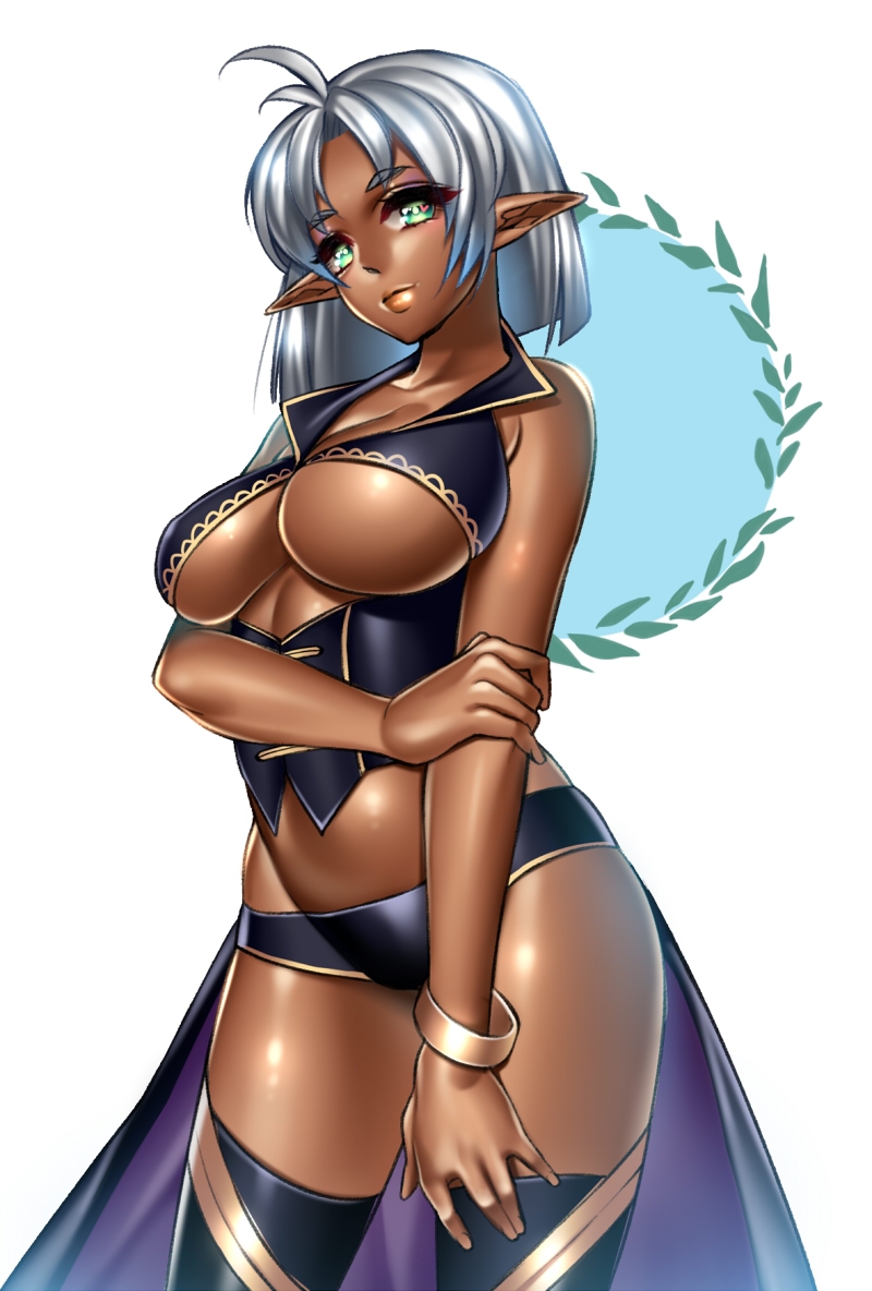 1girl, bad_id, bad_pixiv_id, bare_shoulders, bracelet, breasts, collarbone, corset, daifukumochi_(rukoratie), dark-skinned_female, dark_skin, female_focus, green_eyes, heart, heart-shaped_pupils, huge_breasts, jewelry, lips, short_hair, shorts, silver_hair, smile, solo, standing, symbol-shaped_pupils, underboob