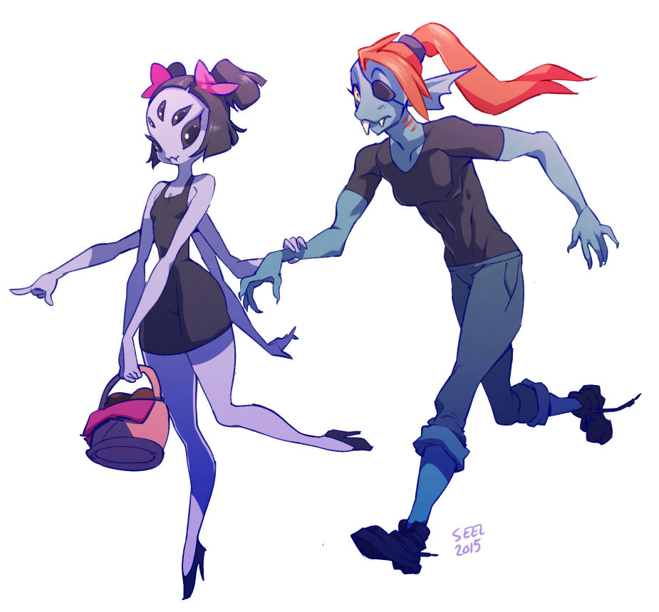 2girls, basket, blue_skin, boots, breasts, colored_skin, extra_arms, extra_eyes, eyepatch, fangs, fins, head_fins, high_heels, muffet, multiple_girls, purple_skin, red_hair, seel_(seelmaru), undertale, undyne, utdr_(toby_fox)