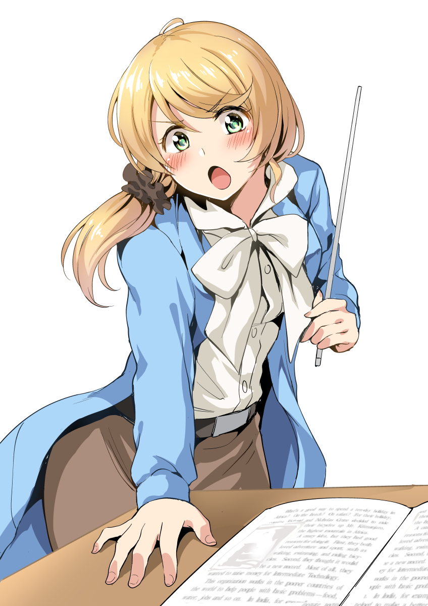 >:o, 1girl, :o, belt, blonde_hair, book, brown_skirt, desk