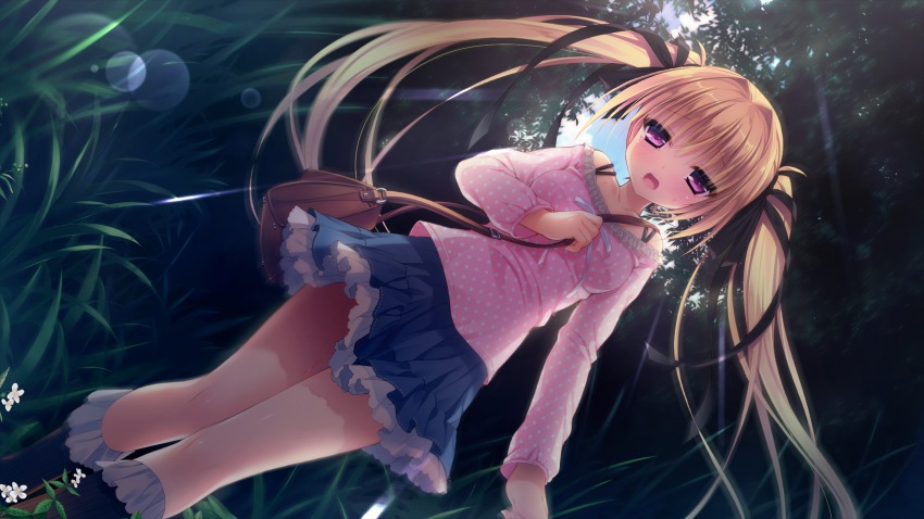 1girl, :d, arm_at_side, bag, bare_shoulders, black_ribbon, black_socks, blonde_hair, blue_skirt, blue_sky, blush, breasts, buckle, bug_system_(company), bush, cloud, collarbone, day, dutch_angle, eyebrows, female_focus, forest, frilled_skirt, frilled_thigh_strap, frills, game_cg, grass, hair_intakes, hair_ribbon, handbag, highres, kneehighs, lens_flare, light_rays, long_hair, long_sleeves, looking_at_viewer, mia_(shi_ni_iku_kimi), mia_(shiniyuku_kimi_yakata_ni_mebuku_zouo), nature, nekotama_rui, off-shoulder_shirt, off_shoulder, open_mouth, outdoors, over_shoulder, pink_eyes, pink_shirt, plant, polka_dot, polka_dot_shirt, ribbon, rubi-sama, shi_ni_iku_kimi, _yakata_ni_mebuku_zouo, shiniyuku_kimi_yakata_ni_mebuku_zouo, shirt, skirt, sky, small_breasts, smile, socks, solo, sunlight, sweat, sweatdrop, thigh_strap, tree, twintails, very_long_hair, walking, wan_nyan_a_la_mode!, white_ribbon, wind
