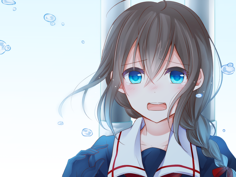 10s, 1girl, ahoge, bad_id, bad_pixiv_id, blue_eyes, braid, brown_hair, female_focus, gloves, hair_over_shoulder, kantai_collection, looking_at_viewer, open_mouth, portrait, shigure_(kancolle), shika_(hachilemon), single_braid, solo, tears, teeth