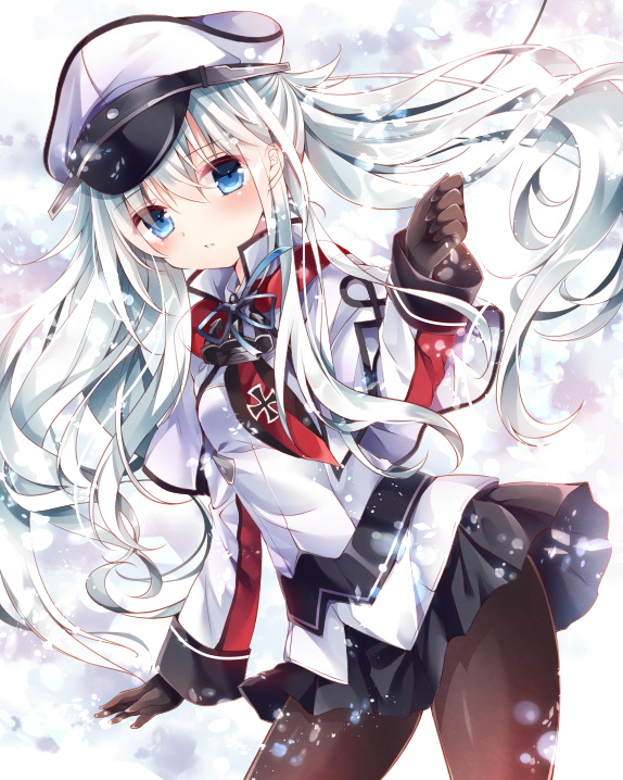 1girl, :o, alternate_hairstyle, anchor, arm_at_side, black_gloves, black_necktie, black_skirt