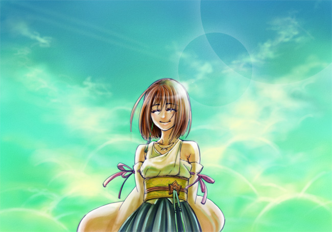 00s, 1girl, bad_id, bad_pixiv_id, breasts, brown_hair, detached_sleeves, female_focus, final_fantasy, final_fantasy_x, hair_ornament, hakama, hakama_skirt, japanese_clothes, jewelry, long_hair, murata_(koto8416), necklace, short_hair, skirt, solo, yuna, yuna_(ff10)