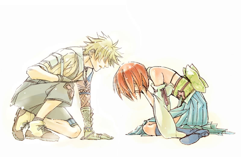 00s, 1boy, 1girl, blue_eyes, blue_hakama, breasts, brown_hair, detached_sleeves, final_fantasy, final_fantasy_x, ghost, green_eyes, hair_ornament, hakama, hakama_skirt, heterochromia, japanese_clothes, jewelry, long_hair, murata_(koto8416), necklace, short_hair, skirt, tidus, yuna, yuna_(ff10)