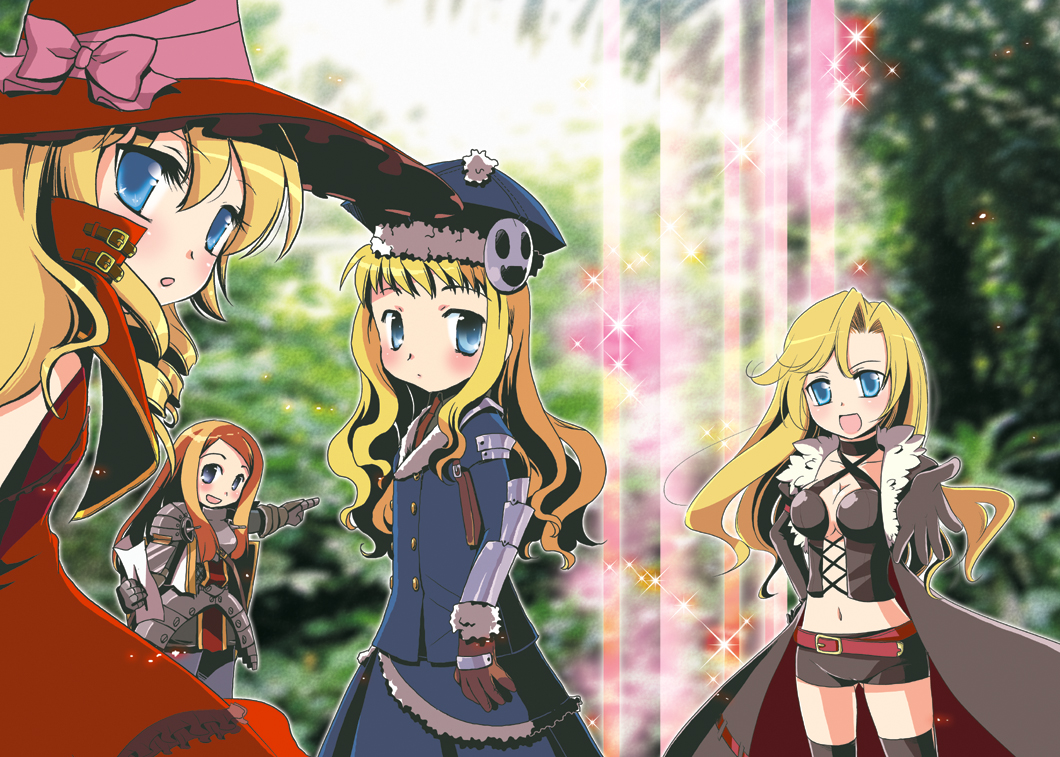 4girls, armor, atlus, belt, bike_shorts, black_thighhighs, blonde_hair, blue_eyes
