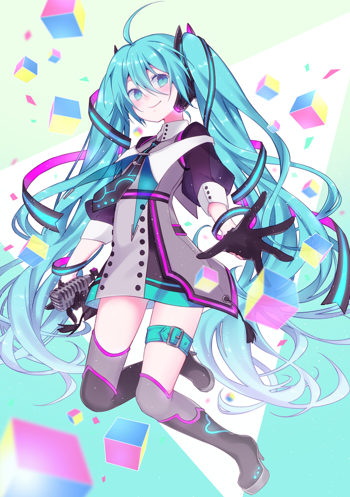 1girl, aqua_eyes, aqua_hair, asymmetrical_legwear, belt, black_gloves, boots, buttons, dress, female_focus, gloves, hair_between_eyes, hatsune_miku, headset, holding, holding_microphone, knee_boots, long_hair, long_sleeves, looking_at_viewer, magical_mirai_(vocaloid), magical_mirai_miku, magical_mirai_miku_(2015), microphone, necktie, smile, solo, thigh_strap, twintails, uneven_legwear, very_long_hair, vocaloid, wogura