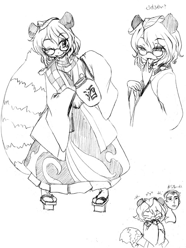 1girl, :3, :p, animal_ears, camel_(dansen), futatsuiwa_mamizou, geta, glasses, japanese_clothes, kimono, kyu_(creature), leaf, leaf_on_head, monochrome, one_eye_closed, smoking_pipe, raccoon_ears, raccoon_tail, scarf, semi-rimless_eyewear, short_hair, simple_background, sketch, smile, tail, tanuki, tengu-geta, tongue, tongue_out, touhou