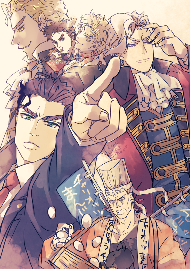 ace_attorney, black_hair, blonde_hair, bowl, caesar_anthonio_zeppeli, chopsticks, clenched_teeth, cosplay