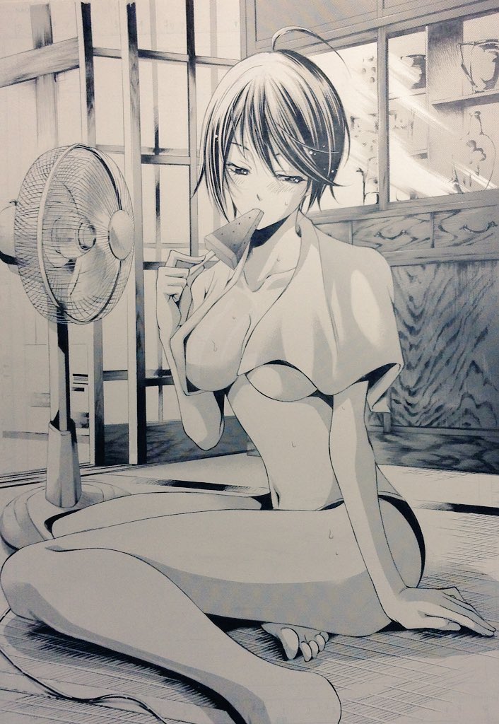 10s, 1girl, aoi_fuuka, bare_shoulders, barefoot, blush, breasts, comic, feet, female_focus, food, fuuka, greyscale, ice_cream, large_breasts, long_legs, looking_at_viewer, monochrome, no_bra, official_art, open_clothes, panties, seo_kouji, short_hair, sideboob, solo, underboob, underwear