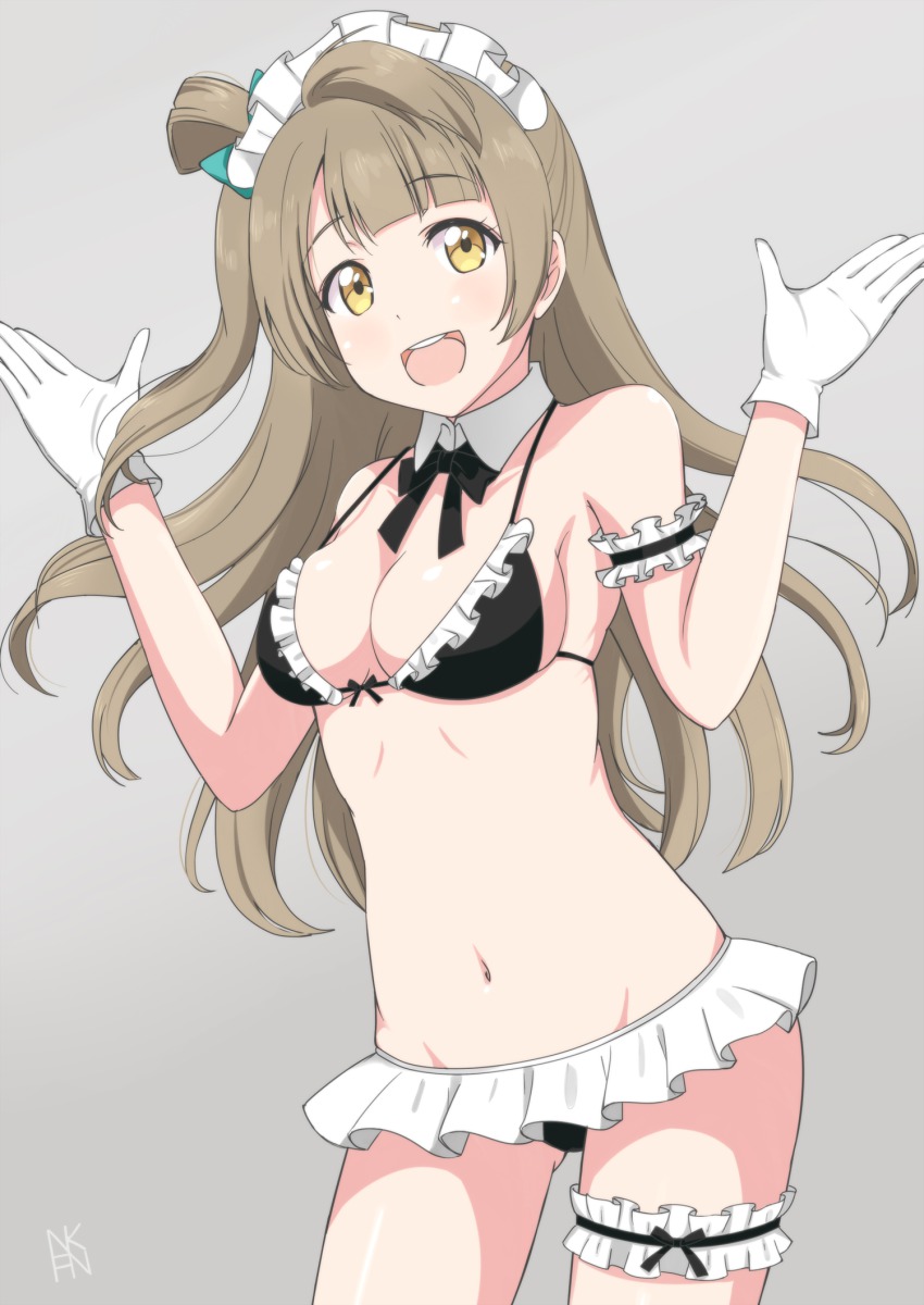 10s, 1girl, arm_garter, bare_shoulders, bikini, breasts, brown_eyes, brown_hair, cleavage, female_focus, frilled_bikini, frilled_thigh_strap, frills, gloves, highres, long_hair, looking_at_viewer, love_live!, love_live!_school_idol_project, maid, maid_bikini, maid_headdress, minami_kotori, navel, nekopan_(neko-blr), open_mouth, smile, solo, standing, swimsuit, thigh_strap, topknot, unconventional_maid