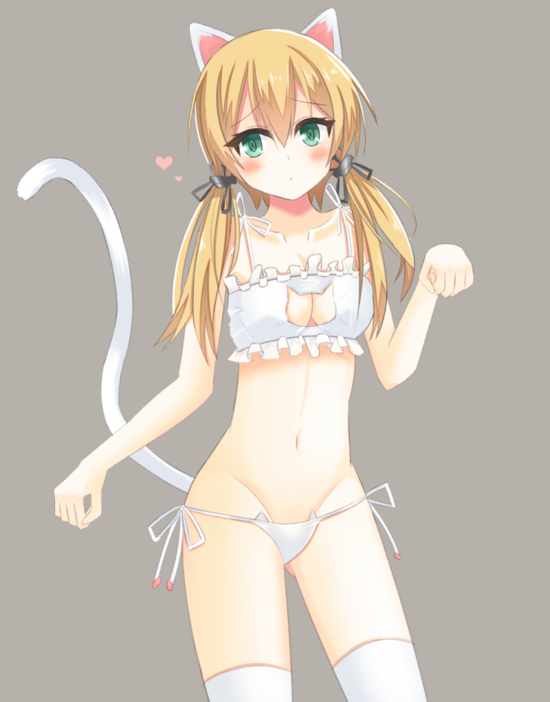 10s, 1girl, :o, animal_ears, blonde_hair, blush, bra, breasts