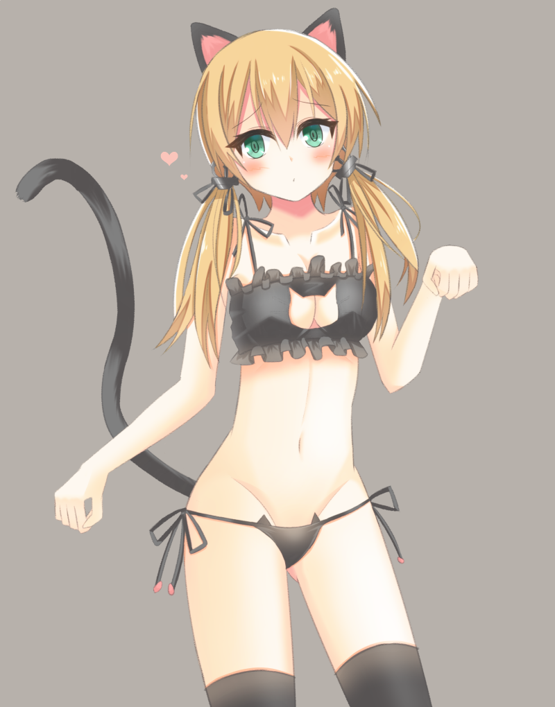 10s, 1girl, :o, animal_ears, black_bra, black_thighhighs, blonde_hair, blush