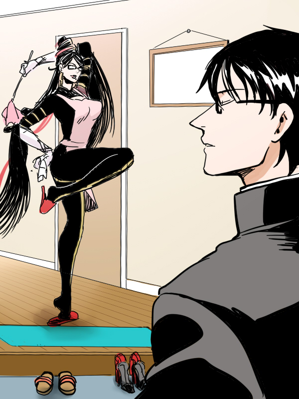 10s, 1boy, 1girl, apron, arm_up, bayonetta, bayonetta_(series), beehive_hairdo