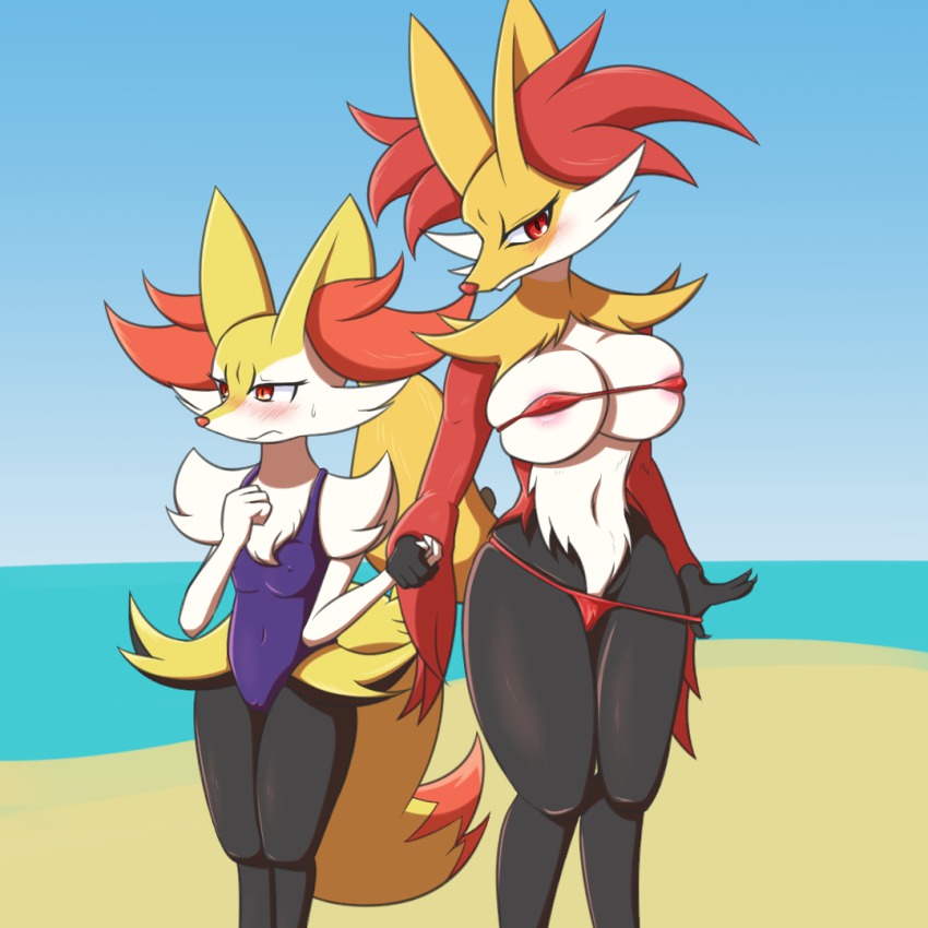 2girls, animal_ears, aoinu111, beach, bikini, blush, braixen, breasts, cameltoe, covered_erect_nipples, delphox, family, fox_ears, fox_tail, furry, gen_6_pokemon, half-closed_eyes, holding_hands, large_breasts, looking_at_viewer, mature_female, micro_bikini, mother_and_child, mother_and_daughter, multiple_girls, navel, nervous, nintendo, ocean, one-piece_swimsuit, outdoors, parent_and_child, pokemon, pokemon_(creature), red_bikini, red_eyes, skindentation, sky, small_breasts, sweat, swimsuit, tail, water, younger_girl