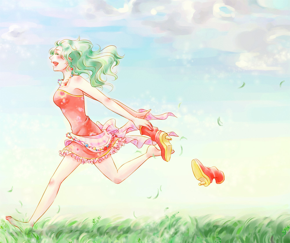 1990s_(style), 1girl, blue_eyes, blush, bow, breasts, cape, detached_sleeves, dress, earrings, elbow_gloves, feet, female_focus, final_fantasy, final_fantasy_vi, gloves, grass, green_hair, hair_ribbon, jewelry, long_hair, missing_legwear, onatsu_(suzuro-iro), ponytail, retro_artstyle, ribbon, solo, strapless, strapless_dress, tina_branford