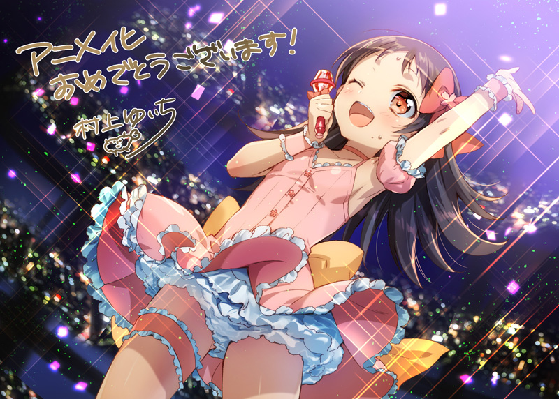 1girl, ;d, announcement_celebration, bow, brown_hair, female_focus, flat_chest, hair_bow, idol, long_hair, microphone, murakami_yuichi, one_eye_closed, open_mouth, red_eyes, sansha_san'you, smile, solo, translation_request, usuda_sakura