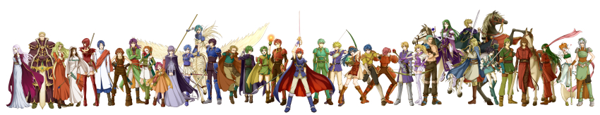 >:o, 6+boys, 6+girls, :o, ;d, ^_^, absurdres, alen_(fire_emblem), annotated, aqua_hair, arm_up, armor, axe, bandana, bare_shoulders, beard, belly_chain, blonde_hair, blue_dress, blue_hair, book, boots, bow_(weapon), breastplate, brown_eyes, brown_hair, cape, cath_(fire_emblem), cecilia_(fire_emblem), chad_(fire_emblem), clarine_(fire_emblem), cloak, closed_eyes, coat, dagger, delsaber, dieck_(fire_emblem), dorothy_(fire_emblem), dress, echidna_(fire_emblem), elbow_gloves, elen_(fire_emblem), elffin_(fire_emblem), expressionless, facial_hair, facial_mark, fae_(fire_emblem), fingerless_gloves, fire, fire_emblem, fire_emblem:_the_binding_blade, forehead_mark, gauntlets, gem, gloves, gold_trim, green_eyes, green_gloves, green_hair, guinevere_(fire_emblem), gwendolyn_(fire_emblem), heterochromia, highres, holding, holding_book, horse, horseback_riding, huge_weapon, hugh_(fire_emblem), idunn_(fire_emblem), jewelry, klein_(fire_emblem), knife, lance_(fire_emblem), larum_(fire_emblem), light_purple_hair, lilina_(fire_emblem), long_image, long_sleeves, looking_back, lugh_(fire_emblem), magic, melady_(fire_emblem), midriff, multiple_boys, multiple_girls, nintendo, noah_(fire_emblem), ogier_(fire_emblem), one_eye_closed, open_mouth, pegasus, perceval_(fire_emblem), pink_hair, pointy_ears, polearm, purple_eyes, purple_hair, raigh_(fire_emblem), red_dress, red_hair, riding, robe, roy_(fire_emblem), rutger_(fire_emblem), saul_(fire_emblem), shanna_(fire_emblem), shoes, short_sleeves, simple_background, sin_(fire_emblem), skirt, sleeveless, smile, sophia_(fire_emblem), spear, staff, sue_(fire_emblem), sword, thea_(fire_emblem), thigh_boots, thighhighs, topless_male, v-shaped_eyebrows, weapon, white_background, wide_image, wolt_(fire_emblem), zephiel_(fire_emblem), zettai_ryouiki
