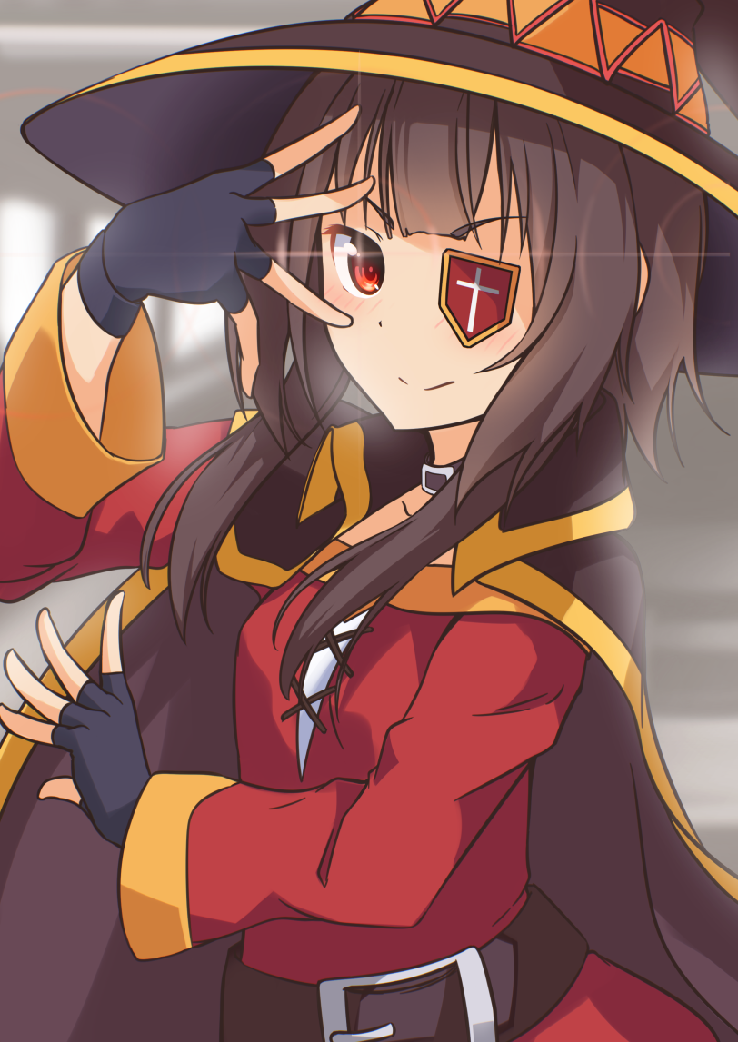 10s, 1girl, belt, brown_hair, cape, collar, dress, eyepatch