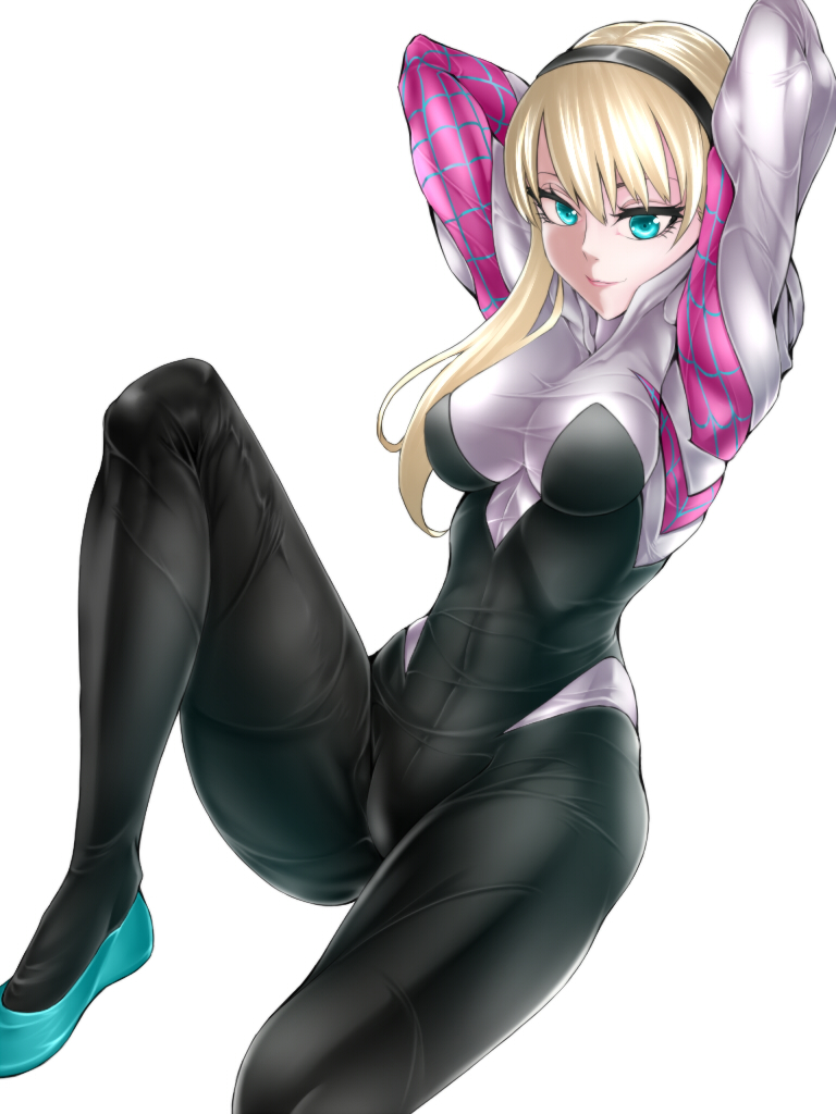 1girl, akx90000, animification, arms_behind_head, arms_up, blonde_hair, blue_eyes, bodysuit, breasts, covered_erect_nipples, eyelashes, female_focus, gloves, gwen_stacy, hairband, hood, hooded_bodysuit, lips, looking_at_viewer, marvel, muscular, short_hair, simple_background, sitting, skin_tight, smile, solo, spider-girl, spider-gwen, spider-man_(series), spider_web_print, superhero_costume, white_background